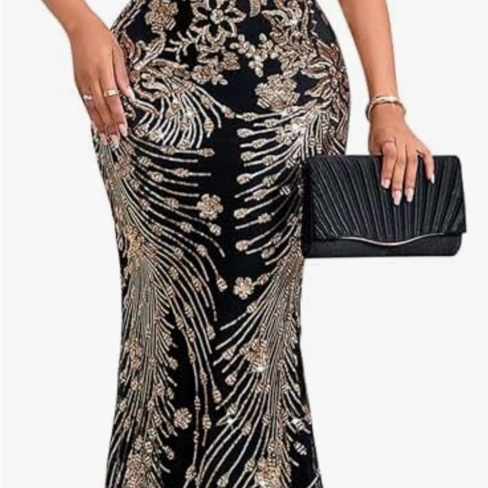 Elegant Black and Gold Sequin Floral Gown